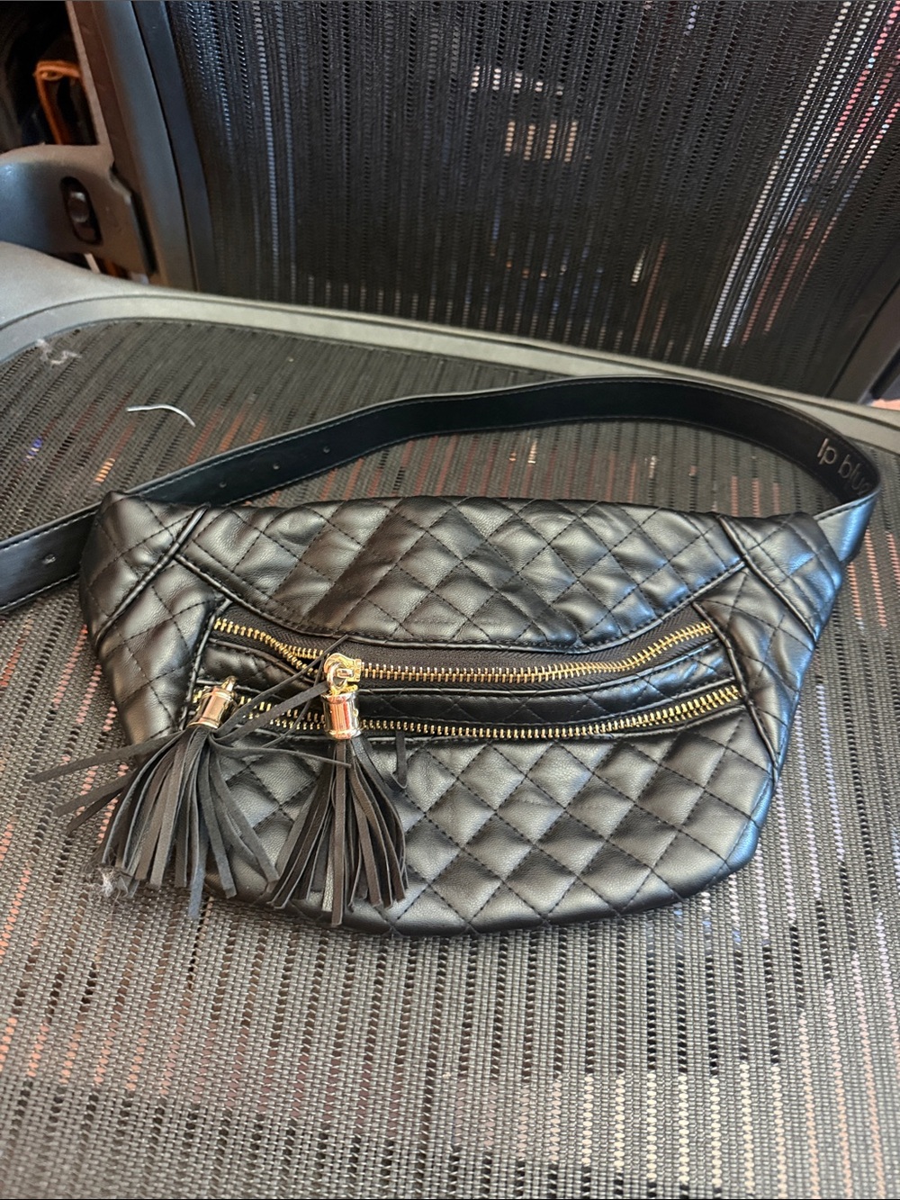 Quilted Black Faux Soft Leather Belt Bag with Gold Zippers